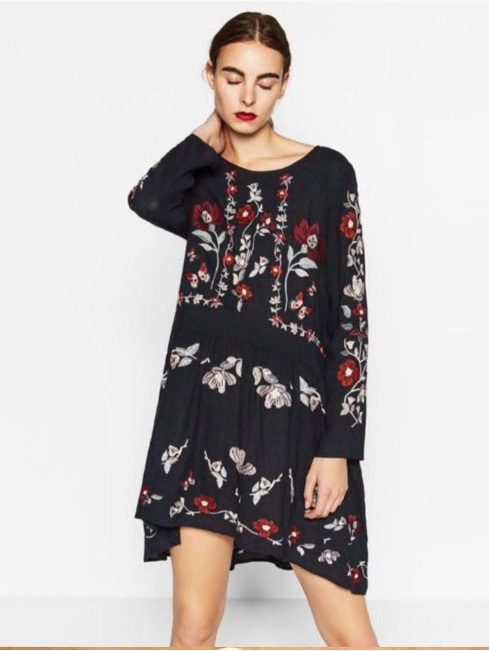 Zara Folk Floral Embroidered Navy Mini Dress